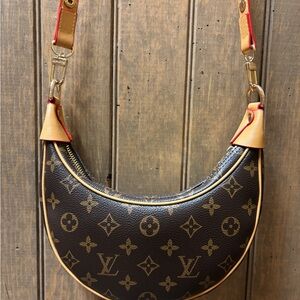 Louis Vuitton Monogram Crescent Bag in Brown, Tan & Red-Trim
